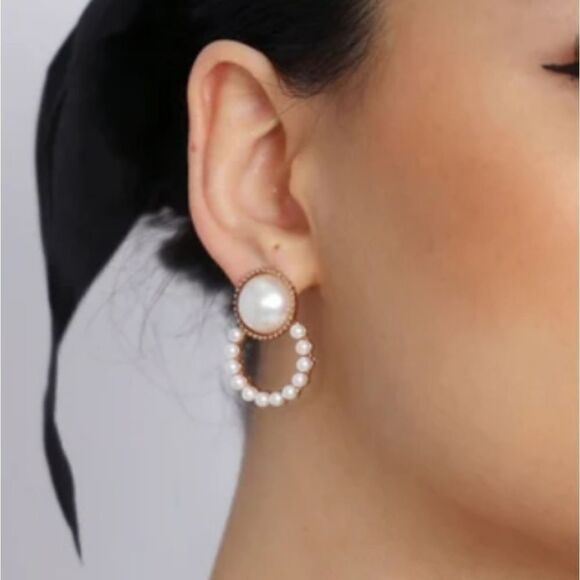Gold white pearl earrings dainty casual or formal hoop stud small 💖2/$30 - Picture 13 of 14